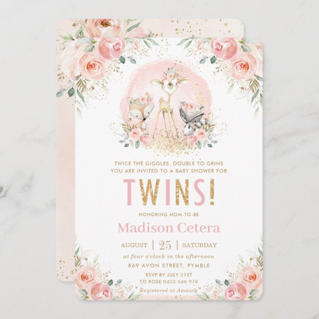 Invitación Moda Rubor Floral rosa Woodland Twins Baby Shower (Anverso / Reverso)