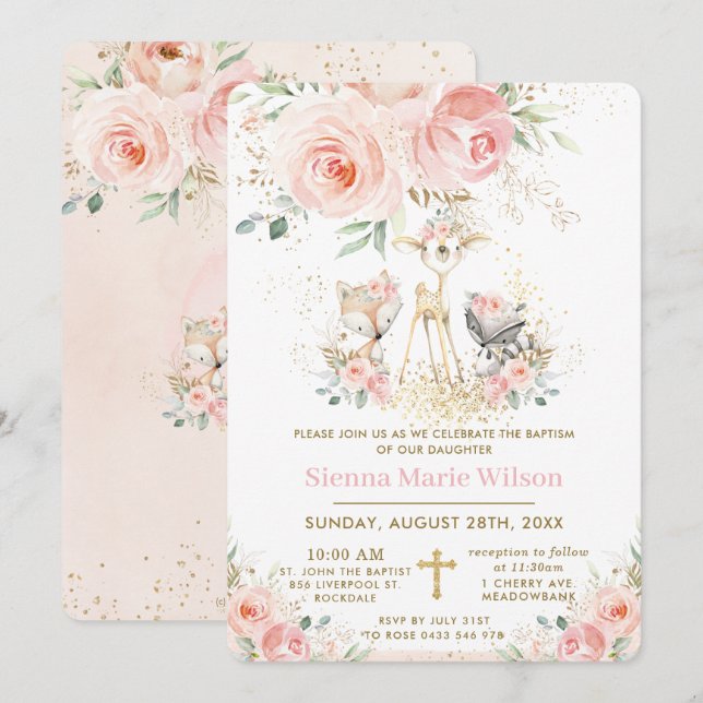 Invitación Moda Rubor Floral Woodland Baptism Christening (Anverso / Reverso)