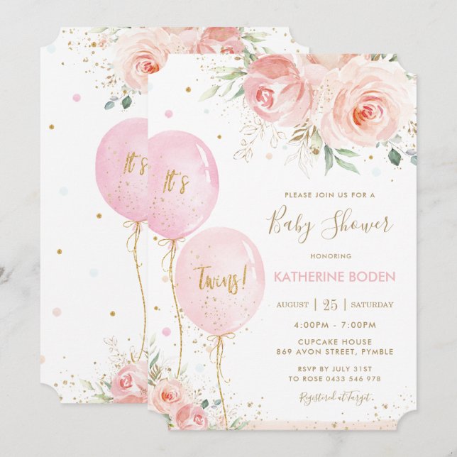 Invitación Moda Rubor Globos florales rosas gemelos Baby Show (Anverso / Reverso)