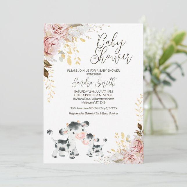 Invitación Moda Rubor Gold Cow Calf Baby Shower (Anverso de pie)