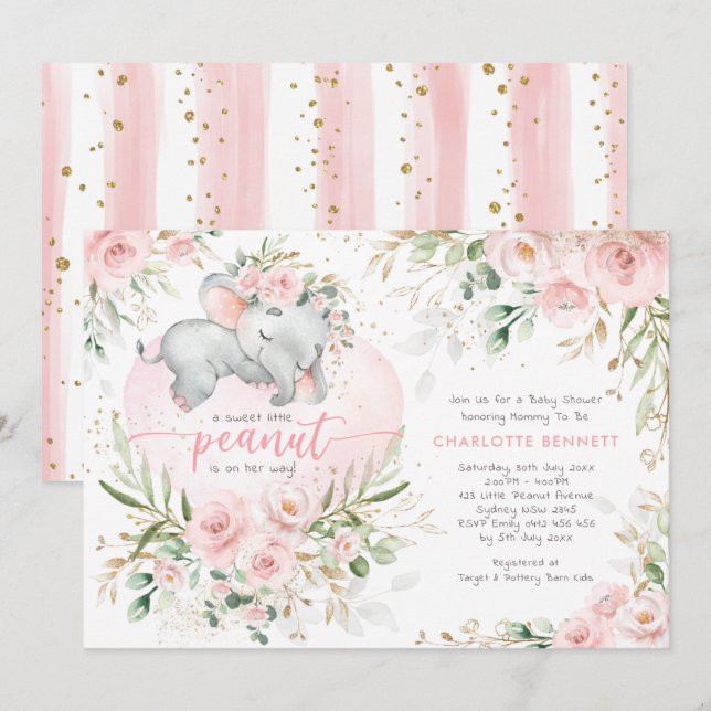 Invitación Moda Rubor Gold Floral Elephant Chica Baby Shower (Anverso / Reverso)