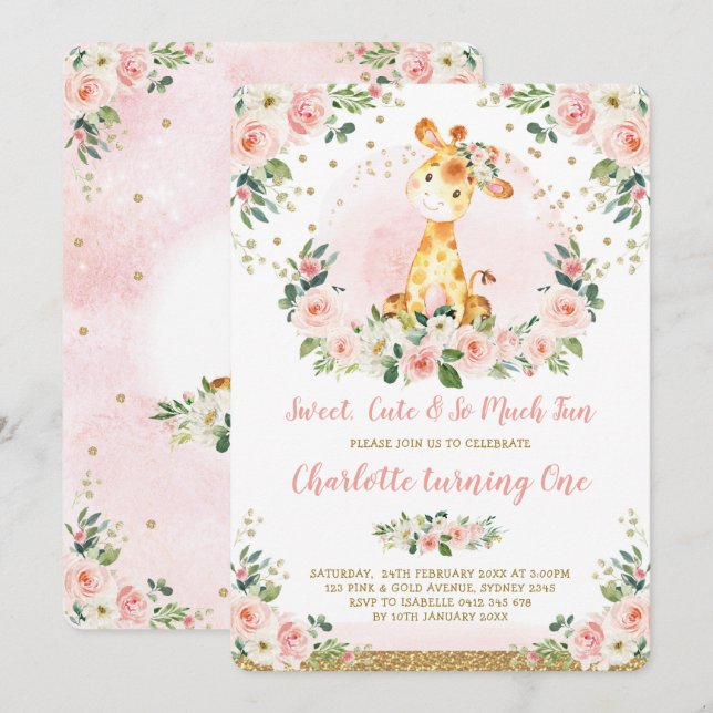 Invitación Moda Rubor Gold Floral Giraffe Primer Fiesta de cu (Anverso / Reverso)