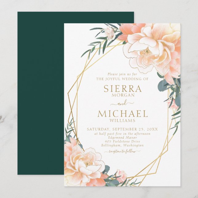 Invitación Moda Rubor Gold Peach Emerald Green Floral Boda (Anverso / Reverso)