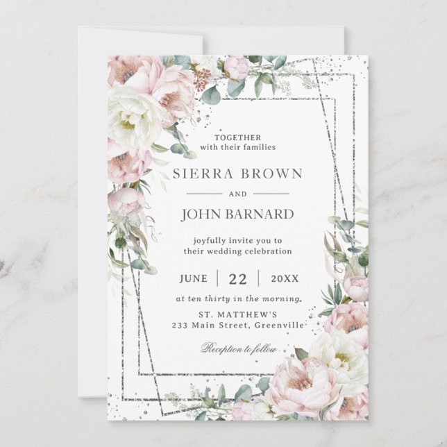 Invitación Moda Rubor Ivory Peonies Boda Geométrico Floral (Anverso)