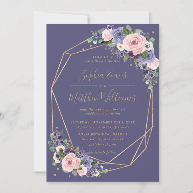 Invitación Moda Rubor Lavender Floral Gold Boda Geométrico (Anverso)