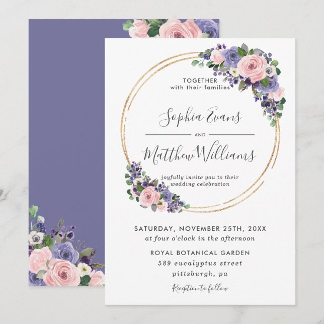 Invitación Moda Rubor Lavender Purple Floral Gold Boda (Anverso / Reverso)