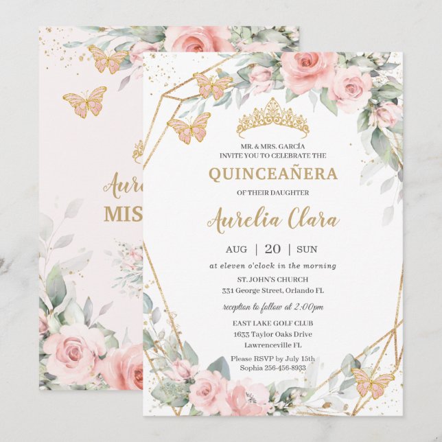 Invitación Moda Rubor Mariposas Florales Rosa Quinceañera (Anverso / Reverso)