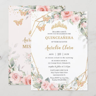 Invitación Moda Rubor Mariposas Florales Rosa Quinceañera