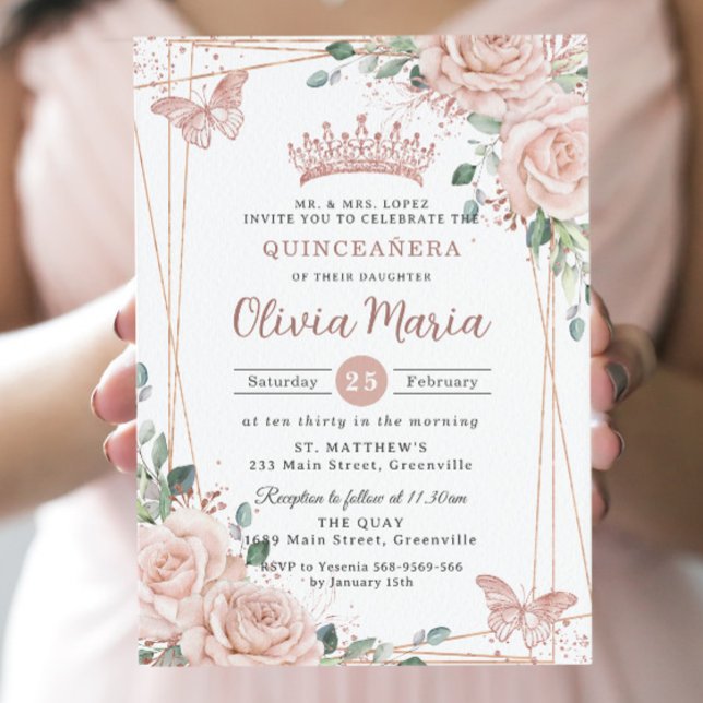 Invitación Moda Rubor Mariposas Florales Rosa Quinceañera (Subido por el creador)