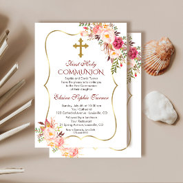 Invitación Moda Rubor Oro Floral Rosa Primera Santa Comunión