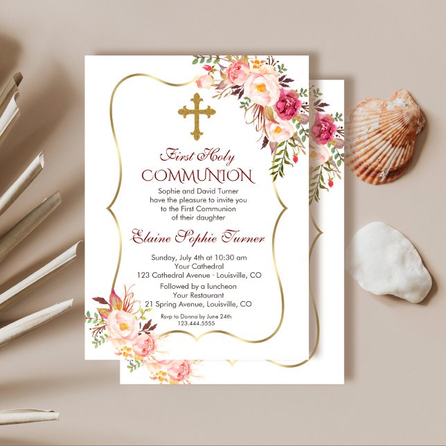 Invitación Moda Rubor Oro Floral Rosa Primera Santa Comunión (floral gold holy communion invitation, trendy blush floral communion invitation, pink  communion)
