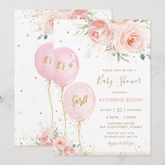 Invitación Moda Rubor Pink Floral Globos Dorados Baby Shower (Anverso / Reverso)