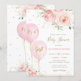 Invitación Moda Rubor Pink Floral Globos Dorados Baby Shower