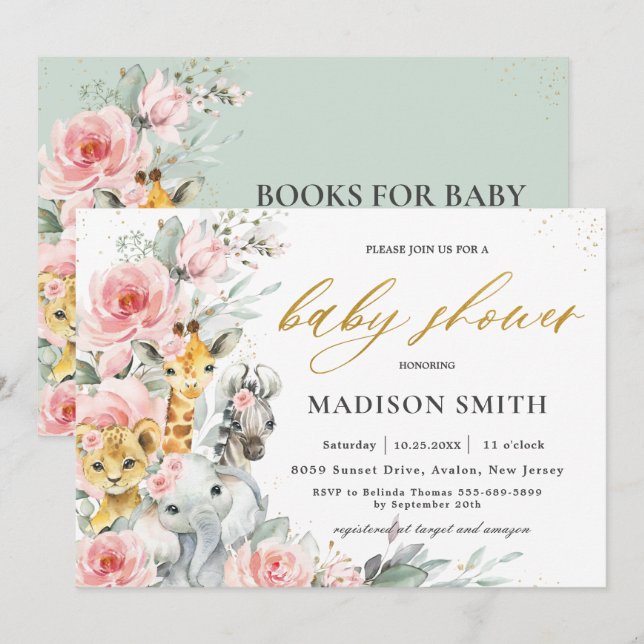 Invitación Moda Rubor Pink Floral Jungle Animales Baby Shower (Anverso / Reverso)