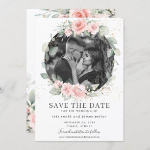 Invitación Moda Rubor Pink Floral Photo Save the Date Card