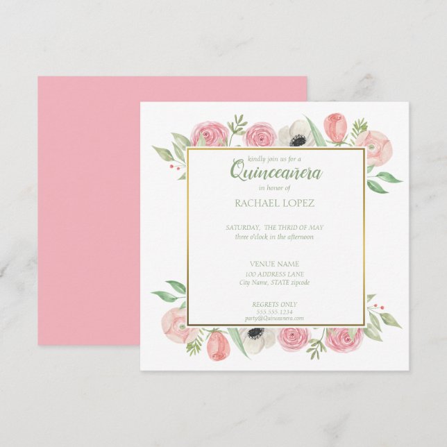 Invitación Moda Rubor Pink Florals | Quinceanera de marco dor (Anverso / Reverso)