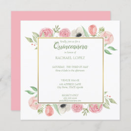 Invitación Moda Rubor Pink Florals | Quinceanera de marco dor