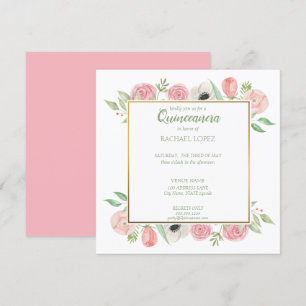 Invitación Moda Rubor Pink Florals Quinceanera de marco dor