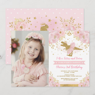 Invitación Moda Rubor Pink Gold Dinosaur T Rex Chica Cumpleañ