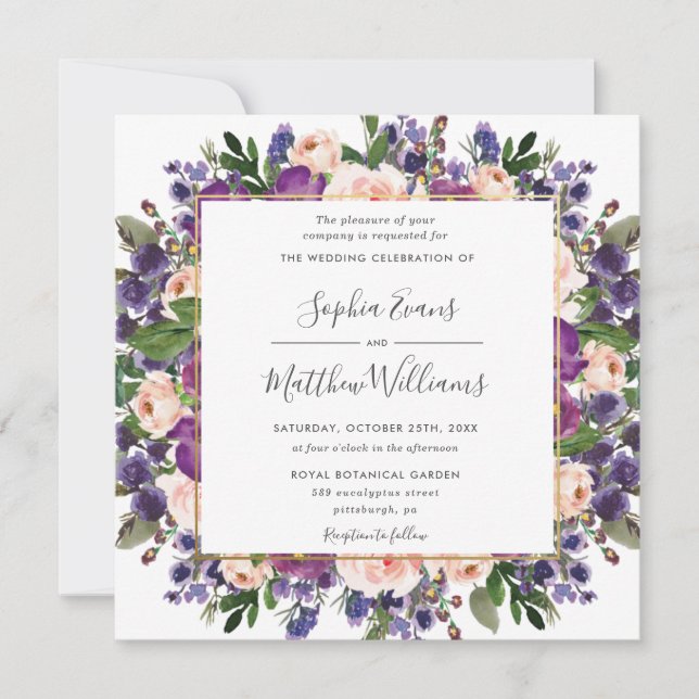 Invitación Moda Rubor Plum Lavender Boda Purple Floral (Anverso)