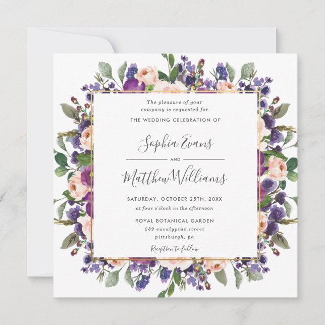 Invitación Moda Rubor Plum Lilac Purple Floral Boda (Anverso)