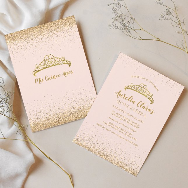 Invitación Moda Rubor Purpurina de oro rosado Tiara Quinceane (Subido por el creador)
