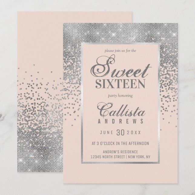 Invitación Moda Rubor Purpurina rosado de plata Confetti Swee (Anverso / Reverso)