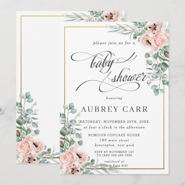Invitación Moda Rubor Rosa Floral Baby Shower Geométric Gold (Anverso / Reverso)