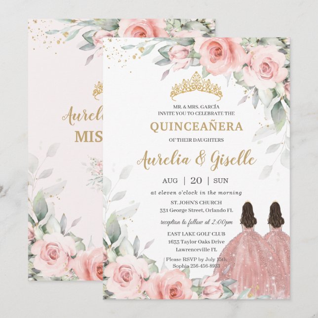Invitación Moda Rubor Rosa floral rosa Gemelos de oro Quincea (Anverso / Reverso)