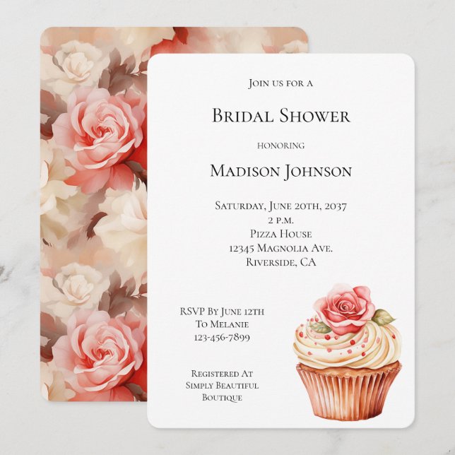 Invitación Moda Rubor Rosa Rosa Rosa Cupcake Bridal Shower (Anverso / Reverso)