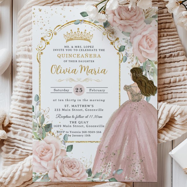 Invitación Moda Rubor Rosa Rosa Rosa Rosa Floral Princesa Qui (pastel-soft-blush-pink-floral-roses-gold-arch-princess-dress-sweet-16-birthday-xv-quinceanera-invite)