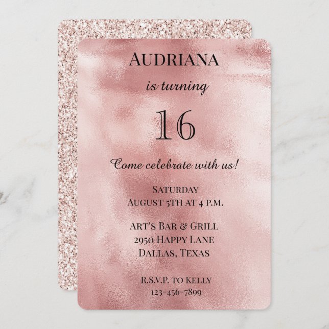 Invitación Moda Rubor Rosado Glam Purpurina Cumpleaños (Anverso / Reverso)