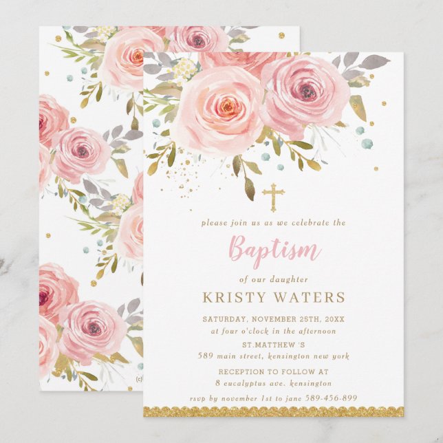 Invitación Moda Rubor Rosas de flores rosadas El oro deja el  (Anverso / Reverso)