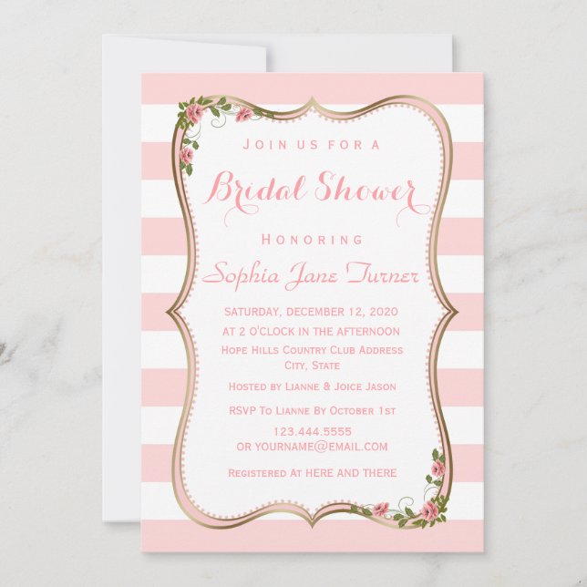 Invitación Moda Rubor Stripes Gold Floral Bridal Shower (Anverso)