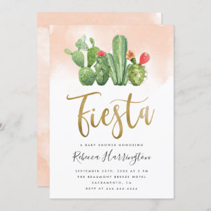 Invitación Moda Rubor Watercolor y Cactus Fiesta Baby Shower