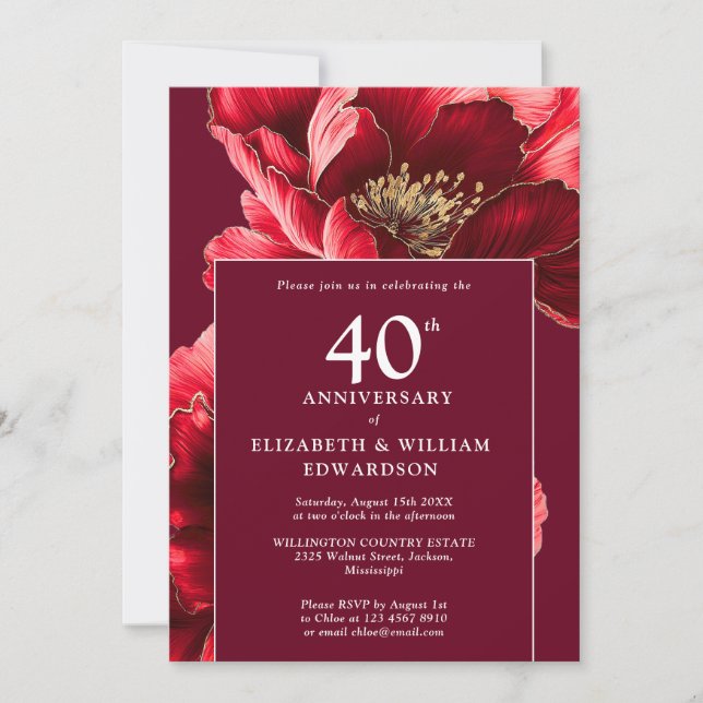 Invitación Moda Ruby Red Elegant Floral 40 Aniversario (Anverso)