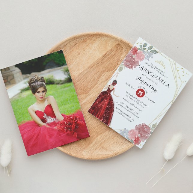 Invitación Moda Ruby Red Floral Geométrica Foto Quinceañera (Subido por el creador)