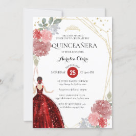 Invitación Moda Ruby Red Floral Geométrica Quinceañera
