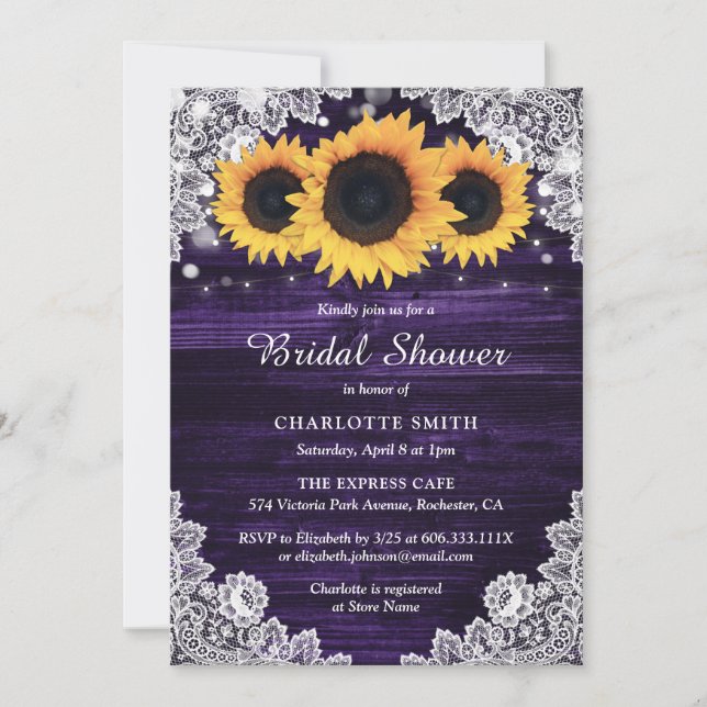 Invitación Moda Rusa Girasol Morado Ducha Bridal (Anverso)
