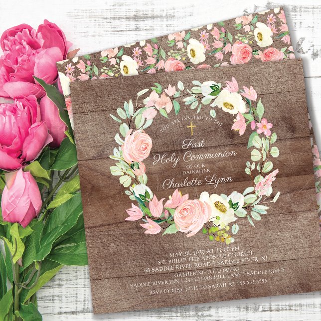 Invitación Moda rusa Rubor Comunión floral rosa (Subido por el creador)