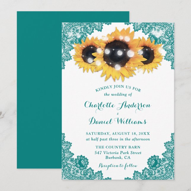 Invitación Moda Rusa Verde azulado Boda de girasol de encaje (Anverso / Reverso)