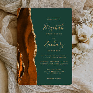 Invitación Moda Rust Gold Agate Dark Green RoundBoda