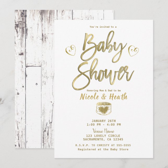 Invitación Moda Rustic White Barn Wood Gold Baby Shower (Anverso / Reverso)
