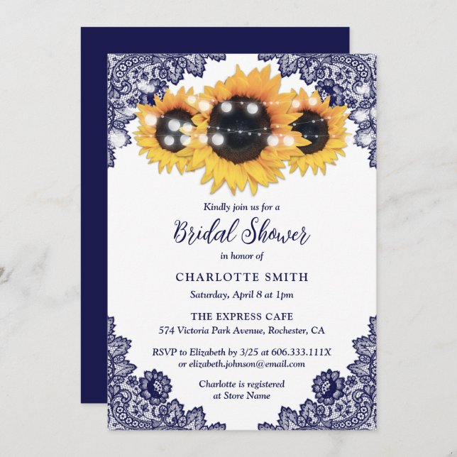 Invitación Moda Rustica Azul Naval Lace Sunflower Bridal Show (Anverso / Reverso)