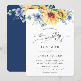 Invitación Moda Rústica Boda Floral Azul girasol