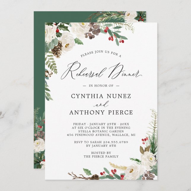 Invitación Moda Rústica Boda floral de invierno Ensayo Cena (Anverso / Reverso)