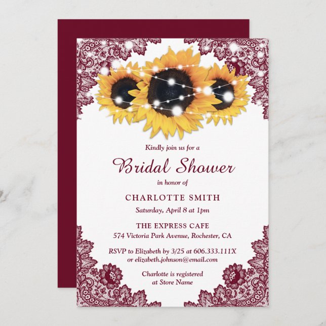 Invitación Moda Rústica Borgoña Lace Sunflower Bridal Shower (Anverso / Reverso)