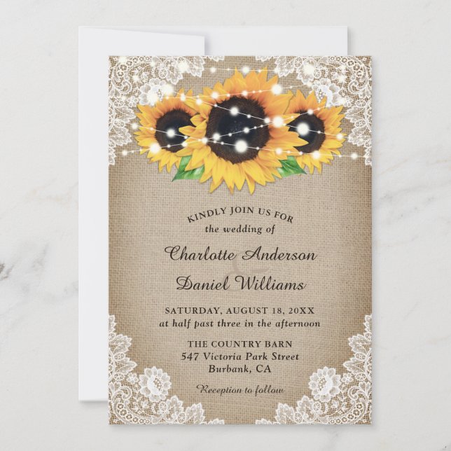 Invitación Moda Rústica Burlap y Boda del girasol de encaje (Anverso)