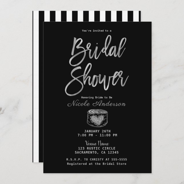 Invitación Moda Rústica de Glam Plata & Stripes Bridal Shower (Anverso / Reverso)