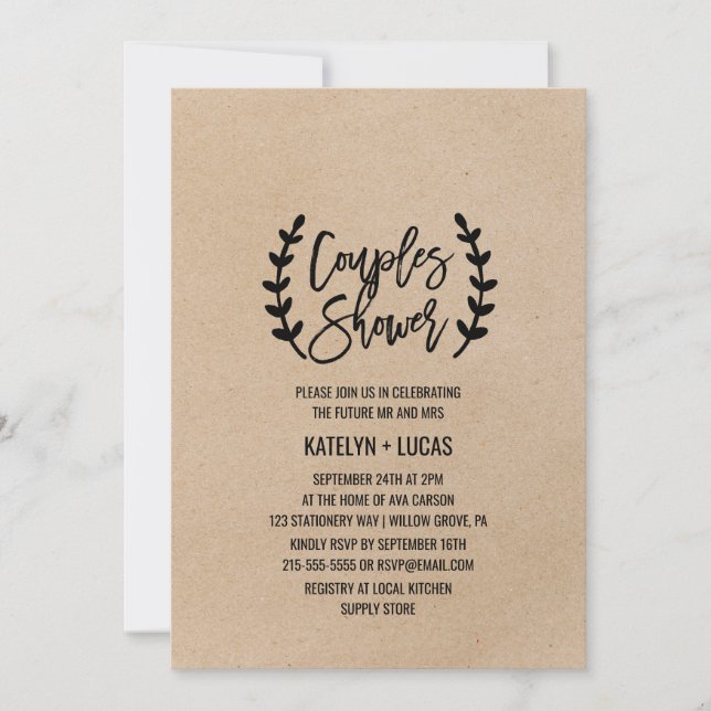 Invitación Moda Rústica Faux Kraft Calligraphy Couples Shower (Anverso)